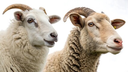 Fototapeta premium Set of sheep portraits on transparent background. Domestic and wild animal concept.