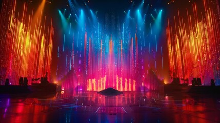 A vibrant stage setup with colorful lights and a dynamic backdrop for a performance.