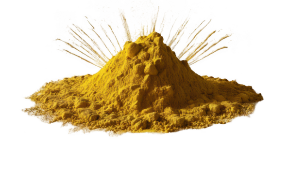 Explosive burst of gold Holi powder, forming a symmetrical pattern with sharp angles and scattered granules on a transparent background PNG