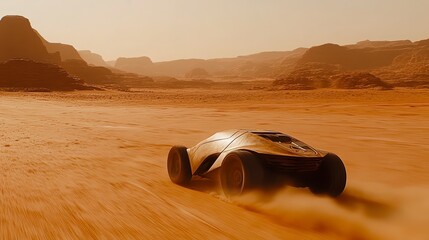 Futuristic Vehicle Driving Through Desolate Martian Landscape Sci Fi Concept