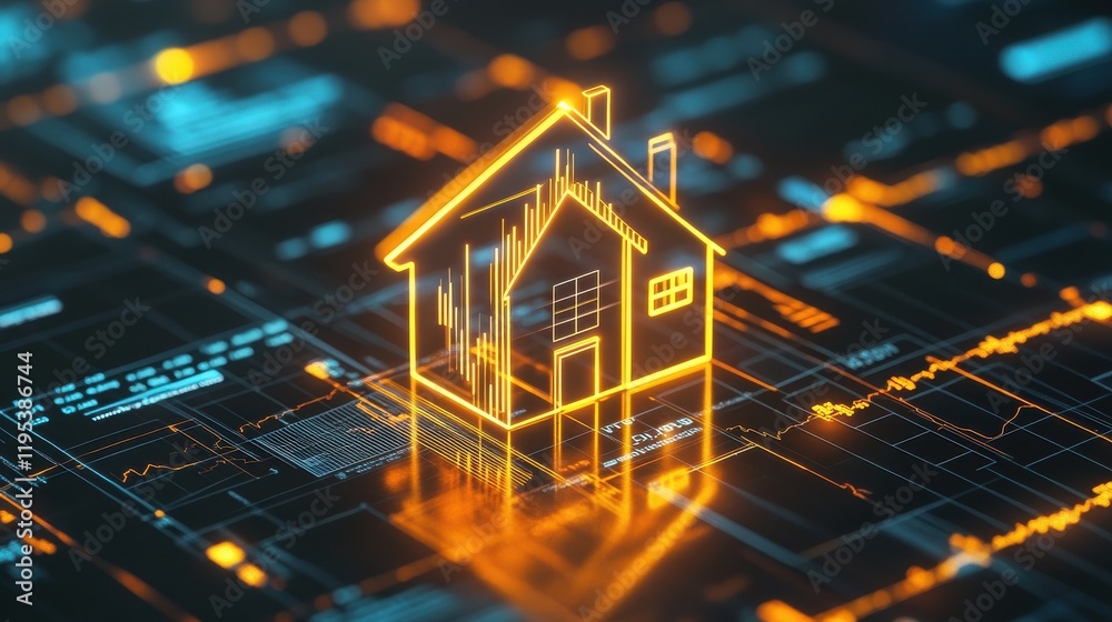 Aufkleber glowing home icon interconnected with financial data design in a digital landscape