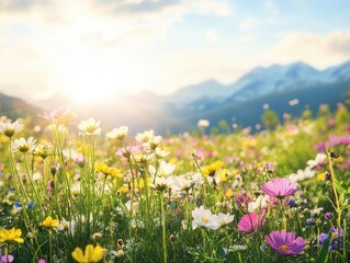 Obraz premium vibrant alpine meadow bursting with colorful spring wildflowers, mountain peaks in background, natural botanical landscape at sunrise with morning dew