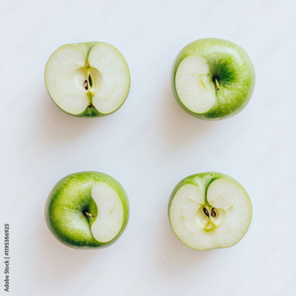 Poster fresh green apple quarters arranged neatly on a light surface for a vibrant and healthy display
