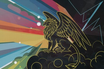 A majestic griffin, outlined in gold, sits atop a dark cloud against a vibrant, multicolored, cosmic backdrop.