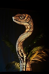 Fototapeta premium Illuminated snake-shaped lamp, intricate design, dark background.