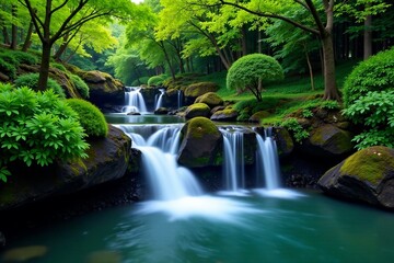 A serene waterfall surrounded by lush greenery and vibrant landscapes.