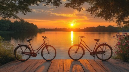 Naklejka premium Two vintage bicycles parked on a wooden dock at sunset over a calm river. Lush trees and flowers frame the scene. Romantic, peaceful, and tranquil.