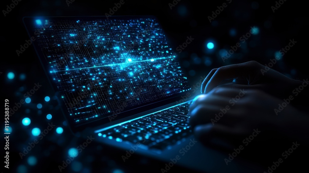 Poster data stream visualization on laptop screen at night glowing digital code programmer working
