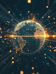 Obraz premium Glowing digital globe surrounded by dynamic lines and illuminated points representing technology and connectivity. Generative AI