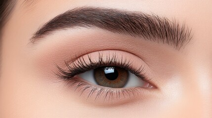 Obraz premium Close-Up of Beautiful Female Eye with Natural Makeup and Well-Defined Eyebrow in Soft Focus on Skin Tone Background