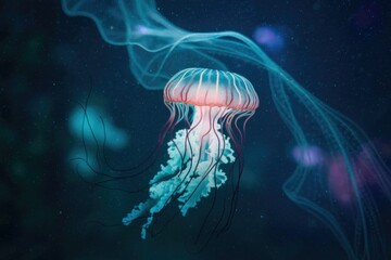 Fototapeta premium A mesmerizing jellyfish gracefully floats in the deep ocean, its tentacles trailing behind.