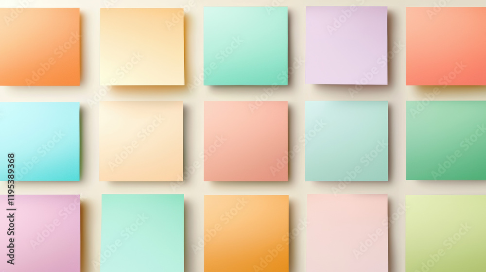Poster colorful sticky notes arranged in grid pattern, showcasing various pastel shades. ideal for organiza