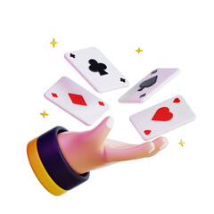 3d Hand catching four playing cards with various suits. Perfect for gambling, luck, risk, casino, games, strategy, card games, and entertainment concepts.