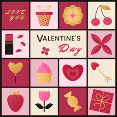 Background with romantic Valentines Day symbols - heart, flower, gift, balloon, cherry, strawberry, lipstick, air kisses.