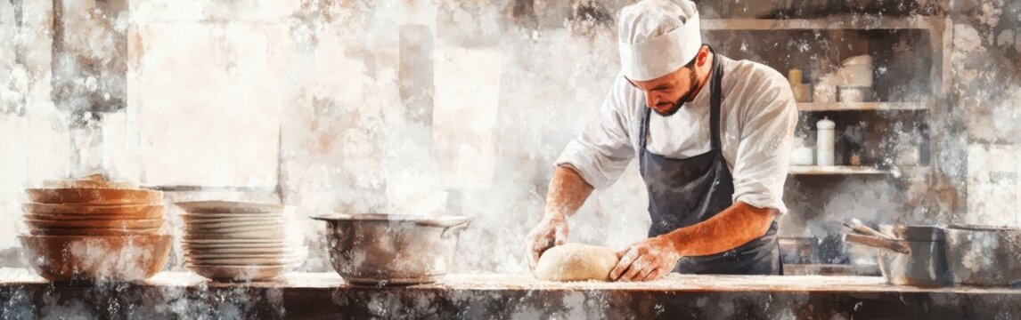 Candid shot of a baker kneading dough in a rustic kitchen during daylight hours