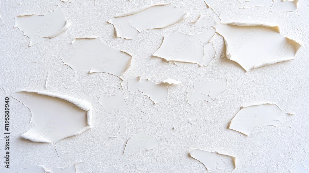 Poster peeling paint on white wall creates textured, distressed look. layers of paint add depth and charact