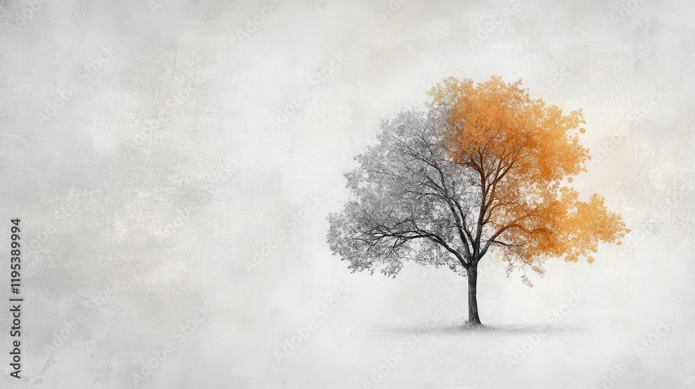 Poster soft gray silhouette of a tree with vibrant orange leaves contrasting against a muted background in 
