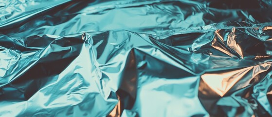 Textured shiny surface of crumpled metallic foil in vibrant teal color reflects light in interesting patterns