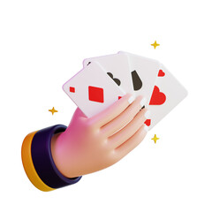 3d Hand holding four playing cards showing diamonds, clubs, spades, hearts. Perfect for casino, gambling, poker, card games, luck themes.
