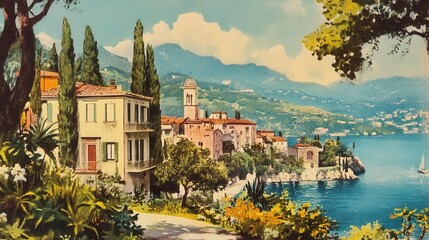 vintage postcard depicting a picturesque italian landscape, capturing the nostalgic essence of 1970s italy with warm colors and charming details. the artwork evokes travel and timeless beauty