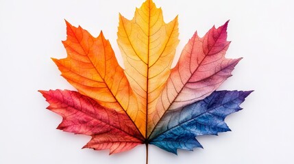 Obraz premium Vibrant autumn leaf showcasing a spectrum of warm and cool colors against a stark white background. A beautiful display of nature's artistry.