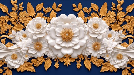 Obraz premium Elegant 3D floral arrangement. White flowers and gold leaves on a deep blue background.