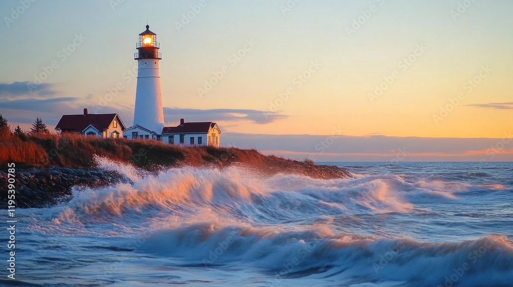 Poster illuminated lighthouse standing resilient against crashing waves at sunset