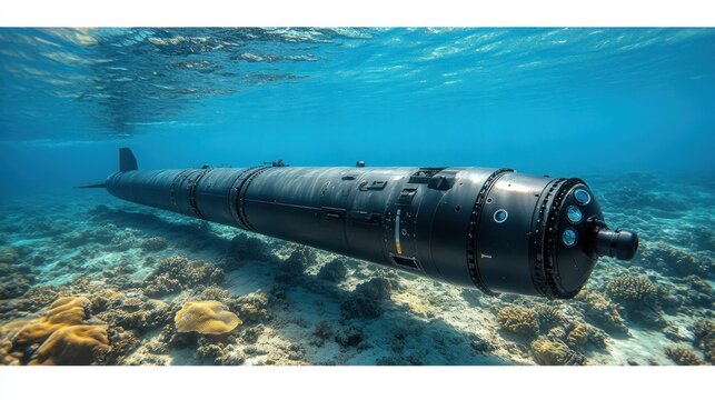 Underwater drone, torpedo-shaped, resting on coral reef.