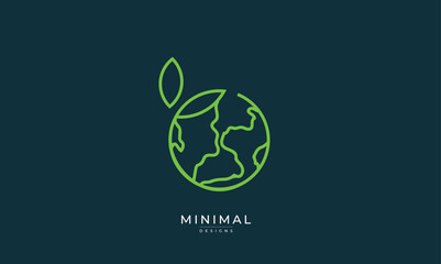 Minimal green world logo or green planet logo or leaf circle with a world map or eco world 