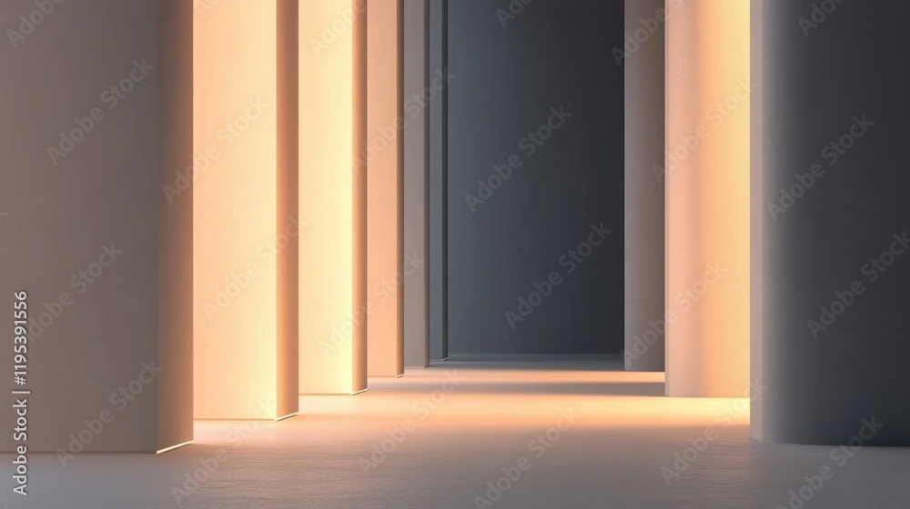 Poster Elegant hallway with gradient lighting transitioning from muted tones to soft hues in a contemporary space