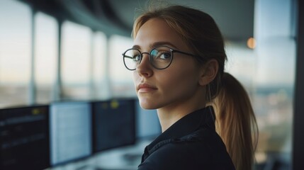 Fototapeta premium Confident Young Businesswoman with Glasses Looking Back Over Shoulder in Modern Office