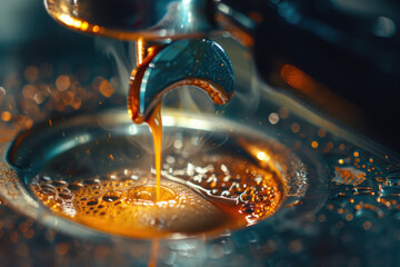 A close-up of an espresso shot pulling through a portafilter, showcasing the crema formation