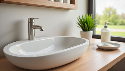 Fototapeta premium Modern handwashing station with shiny white sink and natural light from large window