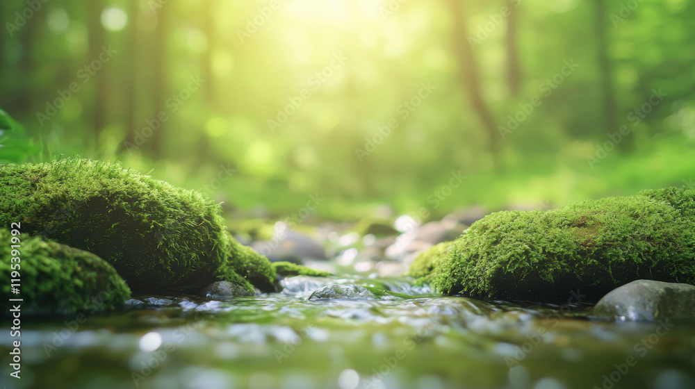 Poster serene forest stream flows over moss covered rocks, surrounded by lush greenery and soft sunlight filtering through trees