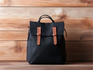 A stylish black backpack with leather straps displayed against a rustic wooden background. product presentation mockup.