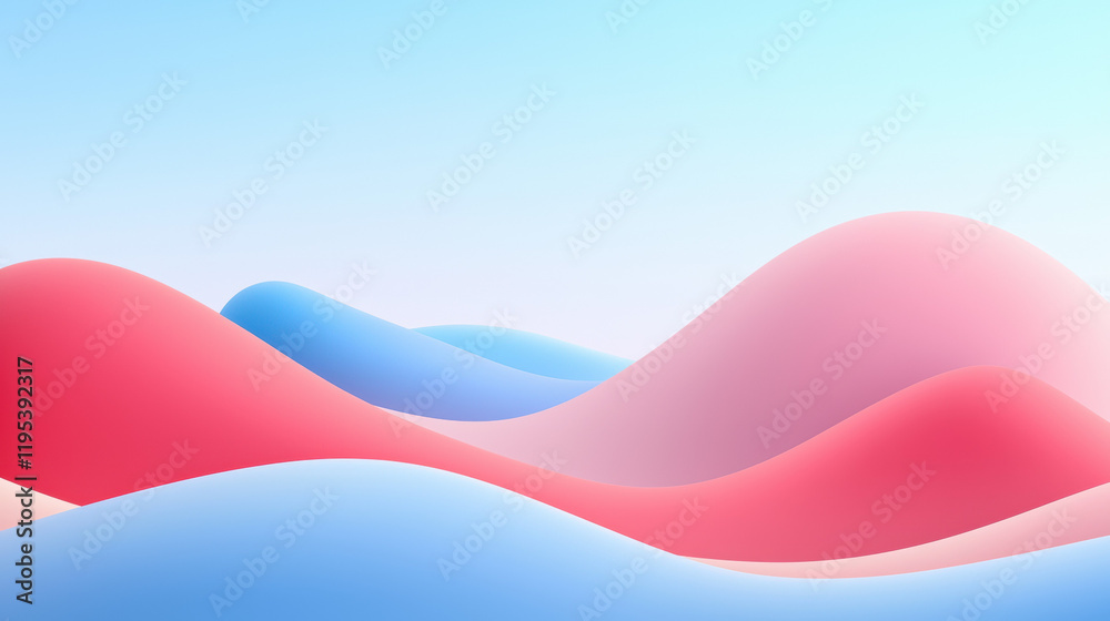 Poster smooth waves in shades of red and blue create serene landscape. gentle curves evoke sense of calm an