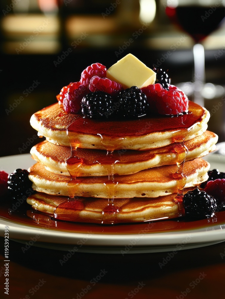 Poster fluffy pancake stack with fresh berries and syrup served in a cozy dining setting at breakfast time