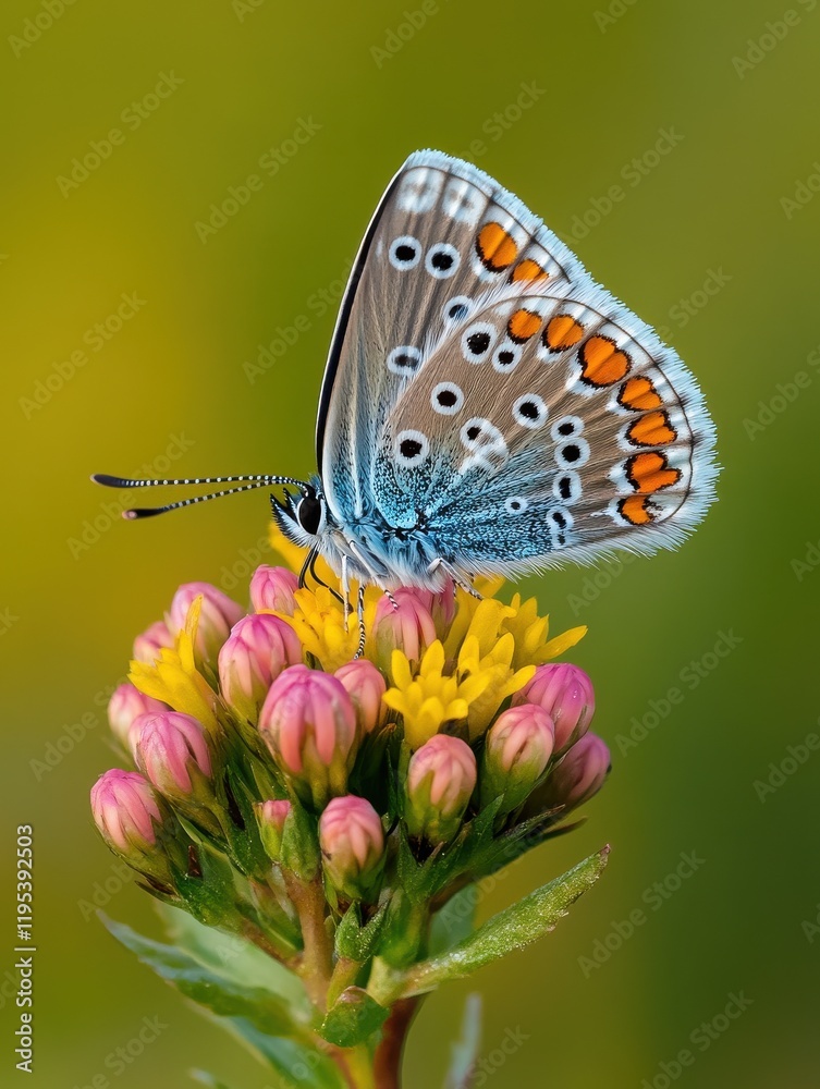 Poster close-up of a butterfly resting on colorful flowers in a vibrant natural setting during daytime