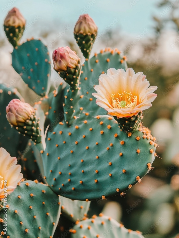 Poster close-up view of a blooming cactus flower with vibrant colors and budding blooms in a natural settin