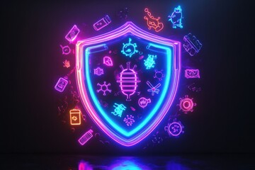 Shield protects against harmful microbes with vibrant neon imagery at a modern health exhibit. Generative AI