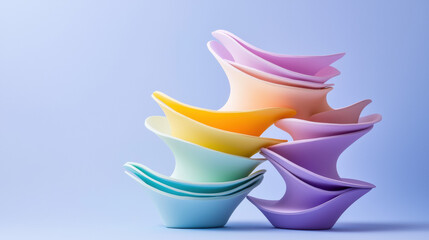 Colorful stacking bowls in pastel shades create vibrant display against soft blue background, showcasing modern design and playful aesthetics