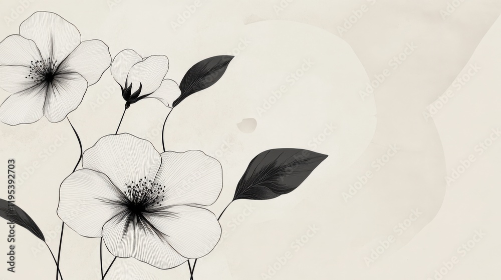 Poster elegant black floral outlines on a soft light background create a serene and modern decorative eleme