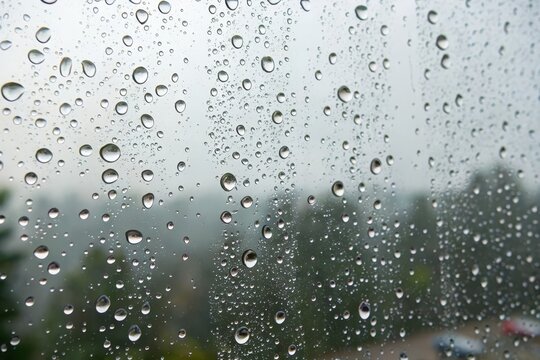 A captivating view of raindrops clinging to a windowpane, obscuring a blurred outdoor scene of vegetation