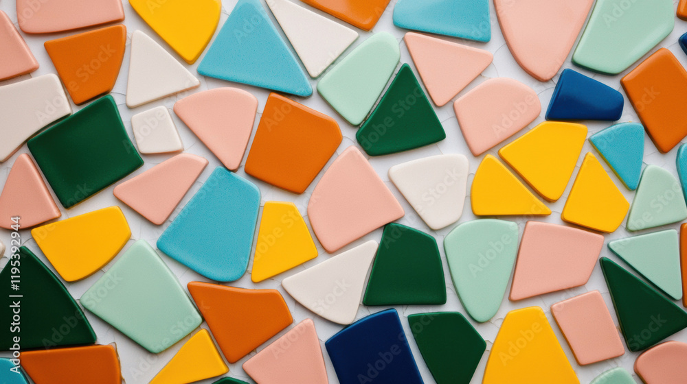 Poster colorful mosaic tiles various shapes and sizes create vibrant pattern. mix of greens, oranges, yello