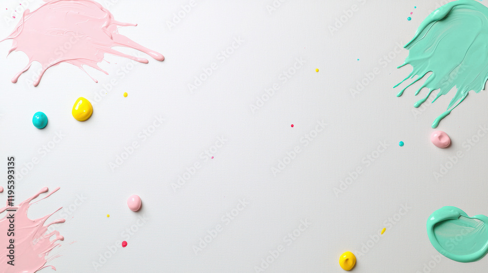 Poster colorful paint splashes and drops on white canvas background create artistic vibe. perfect for creat