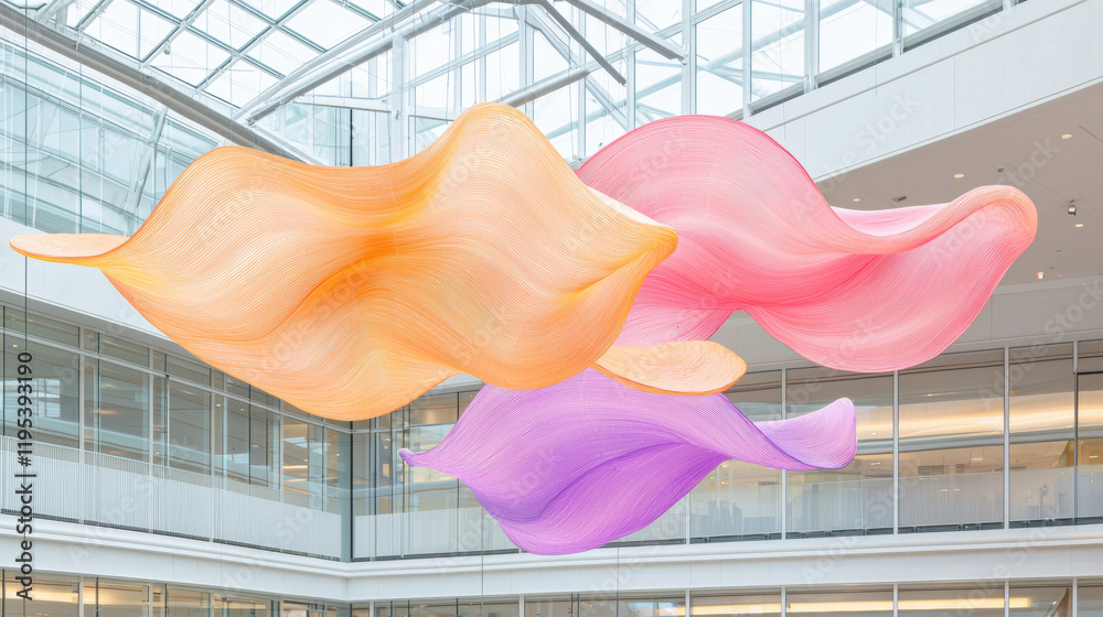 Aufkleber colorful flowing fabric installation in modern atrium space, creating serene atmosphere