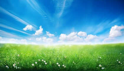 Obraz premium 天気の良い春の緑の野原の風景。AIで生成