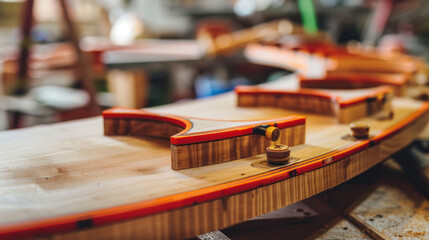 A close-up of the process of measuring wood curvature for a guitar's sides, clamps and tools nearby