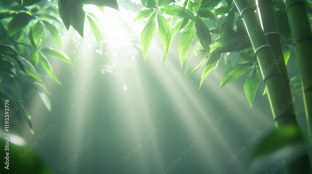 Poster lush bamboo forest with sunlight filtering through green leaves, creating serene atmosphere