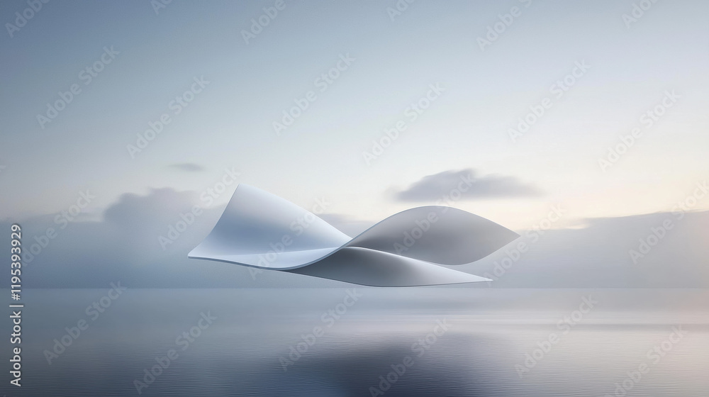 Poster serene landscape featuring floating white abstract shape above calm water, evoking tranquility and minimalism